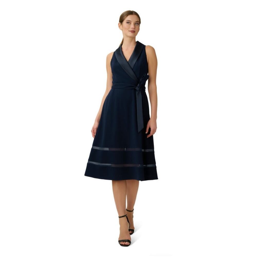 Adrianna Papell Ap1d104896 Knit Crepe Midi Dress Midnight Blue Size 4 NWT
